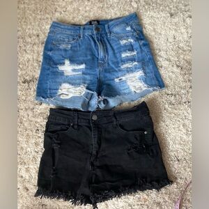 Blue and Black Distressed Denim Shorts